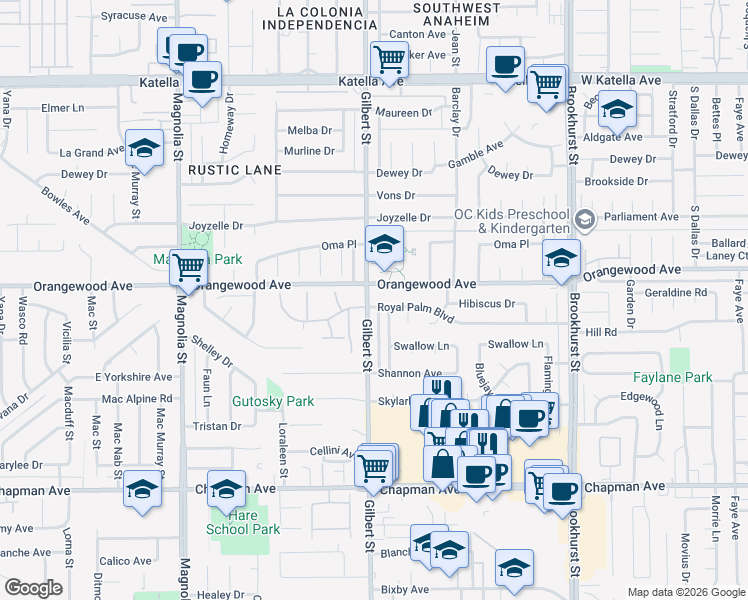 map of restaurants, bars, coffee shops, grocery stores, and more near 11531 Gilbert Street in Garden Grove