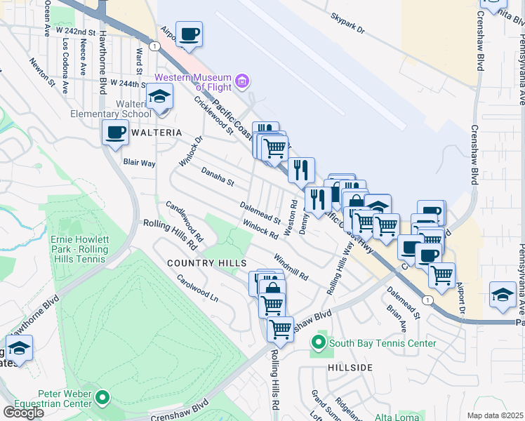 map of restaurants, bars, coffee shops, grocery stores, and more near 25233 Loytan Street in Torrance