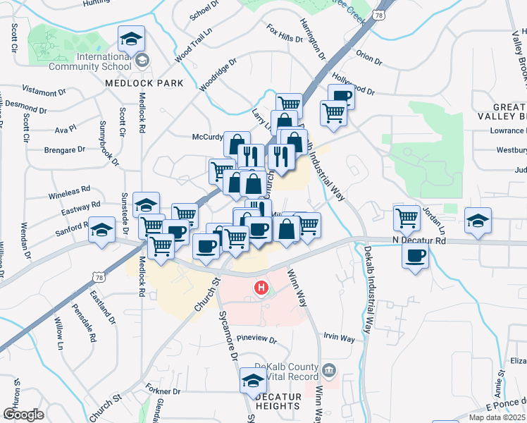 map of restaurants, bars, coffee shops, grocery stores, and more near 2600 Milscott Street in Decatur