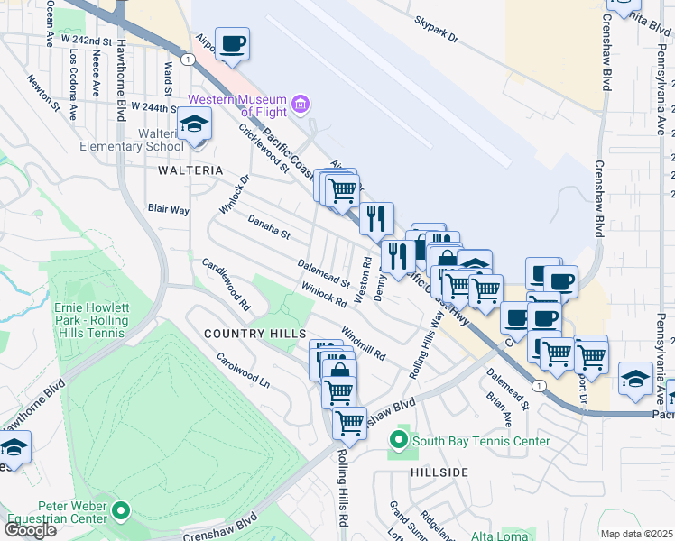 map of restaurants, bars, coffee shops, grocery stores, and more near 25226 Loytan Street in Torrance