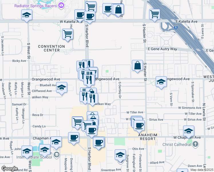 map of restaurants, bars, coffee shops, grocery stores, and more near 2121 South Camino Street in Anaheim