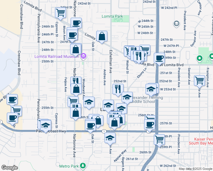 map of restaurants, bars, coffee shops, grocery stores, and more near 25212 Andreo Avenue in Lomita