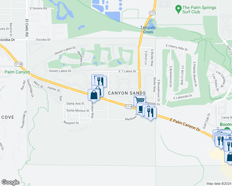 map of restaurants, bars, coffee shops, grocery stores, and more near 2467 Mira Monte Circle West in Palm Springs