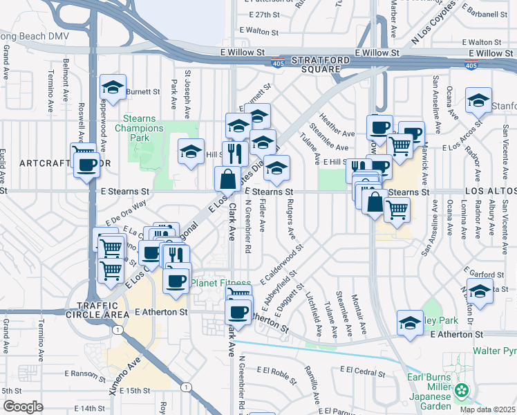 map of restaurants, bars, coffee shops, grocery stores, and more near 2137 Fidler Avenue in Long Beach