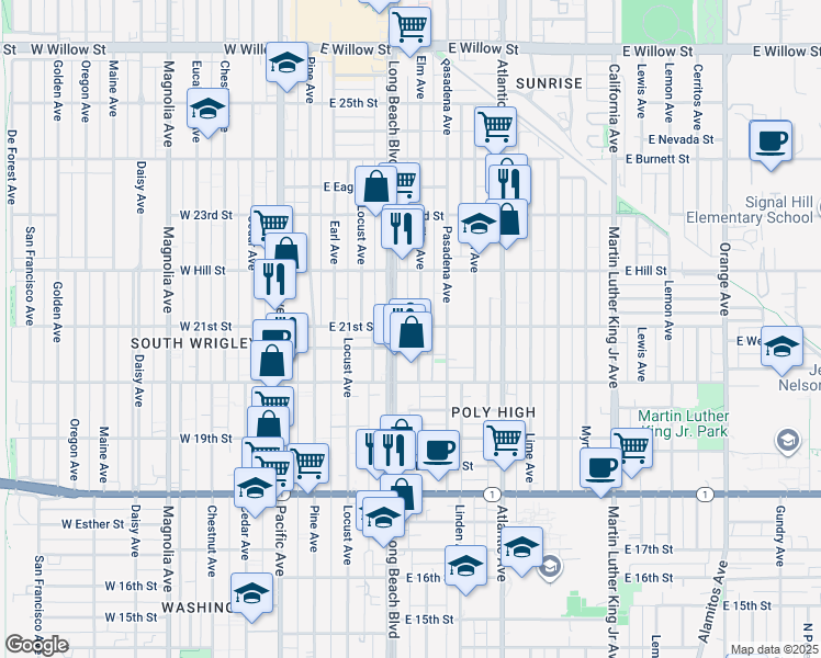 map of restaurants, bars, coffee shops, grocery stores, and more near 324 East 21st Street in Long Beach