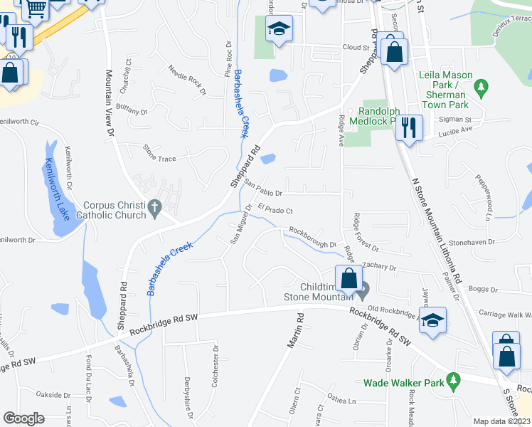 map of restaurants, bars, coffee shops, grocery stores, and more near 619 El Prado Court in Stone Mountain