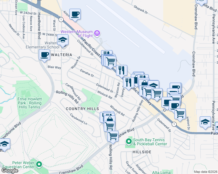 map of restaurants, bars, coffee shops, grocery stores, and more near 25226 Loytan Street in Torrance