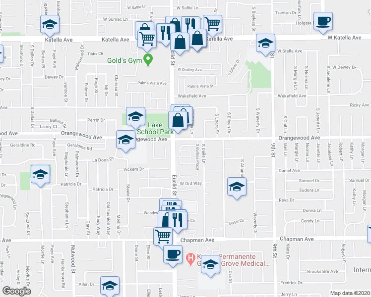 map of restaurants, bars, coffee shops, grocery stores, and more near 2111 South Cindy Place in Anaheim