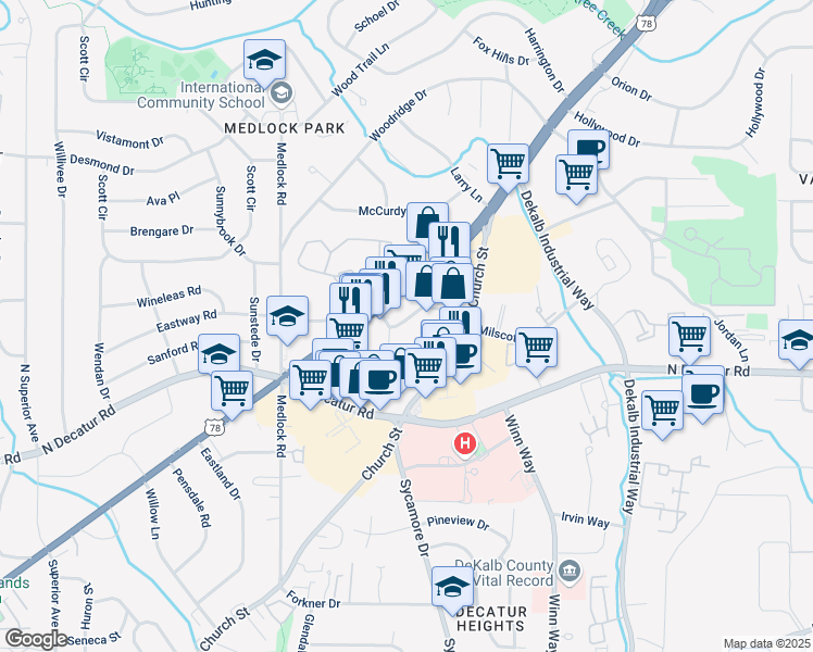 map of restaurants, bars, coffee shops, grocery stores, and more near 651 Decatur Village Way in Decatur