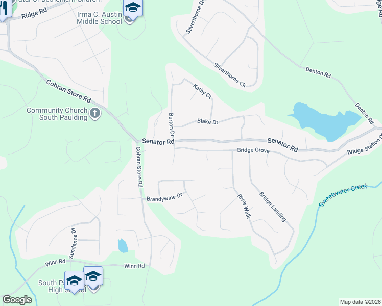 map of restaurants, bars, coffee shops, grocery stores, and more near 709 Bridge Grove in Douglasville