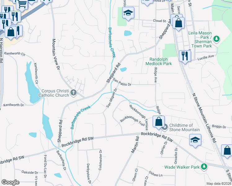 map of restaurants, bars, coffee shops, grocery stores, and more near 719 San Miguel Drive in Stone Mountain