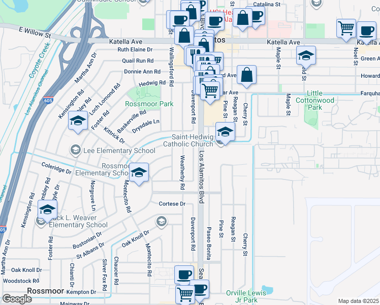 map of restaurants, bars, coffee shops, grocery stores, and more near 11541 Davenport Road in Los Alamitos