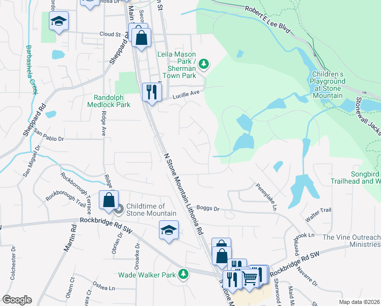 map of restaurants, bars, coffee shops, grocery stores, and more near 5474 Pepperwood Court in Stone Mountain