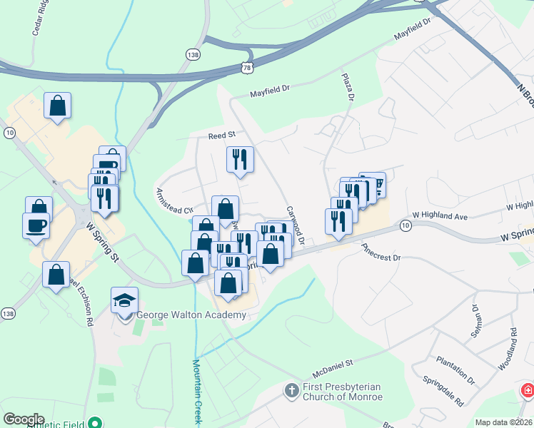 map of restaurants, bars, coffee shops, grocery stores, and more near 201 Reed Way in Monroe