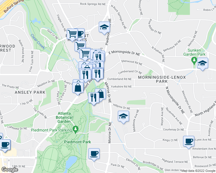 map of restaurants, bars, coffee shops, grocery stores, and more near Yorkshire Rd NE & Monroe Dr NE in Atlanta