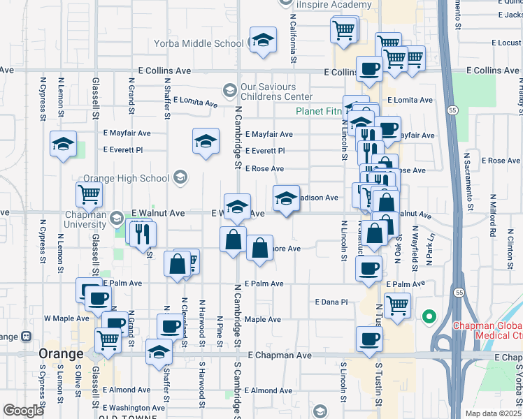 map of restaurants, bars, coffee shops, grocery stores, and more near 505 North Waverly Street in Orange