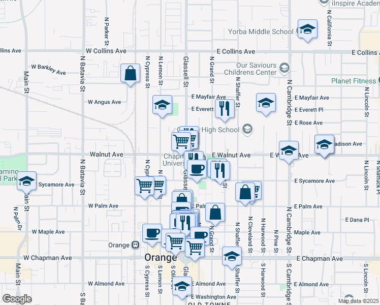 map of restaurants, bars, coffee shops, grocery stores, and more near 505 North Glassell Street in Orange