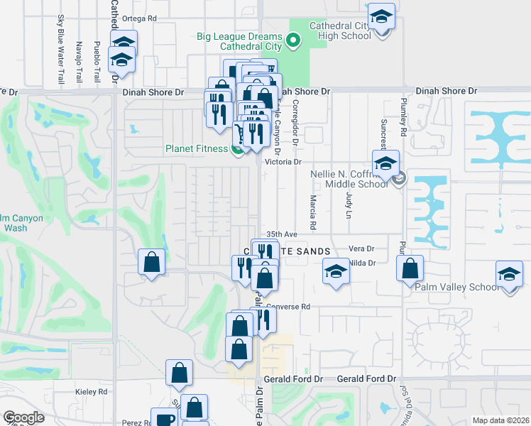 map of restaurants, bars, coffee shops, grocery stores, and more near 34820 Date Palm Drive in Cathedral City