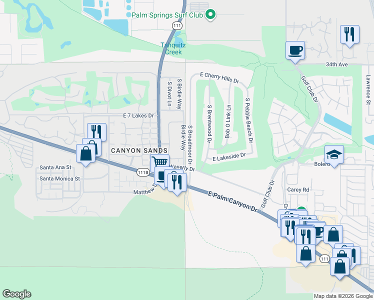 map of restaurants, bars, coffee shops, grocery stores, and more near 2445 South Broadmoor Drive in Palm Springs