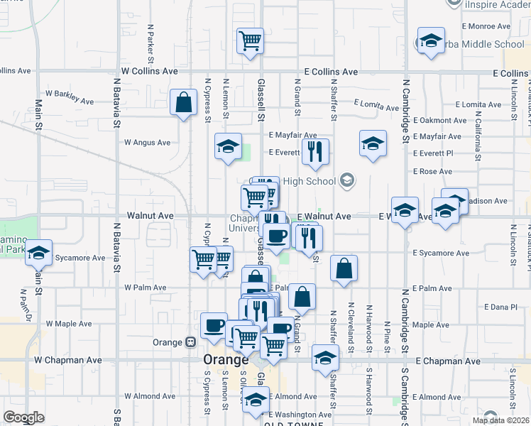 map of restaurants, bars, coffee shops, grocery stores, and more near 505 North Glassell Street in Orange