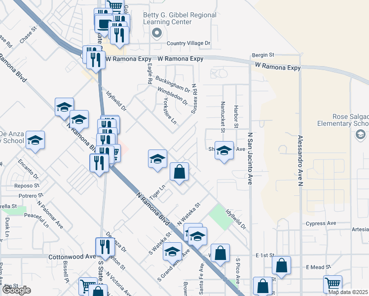 map of restaurants, bars, coffee shops, grocery stores, and more near 658 Laxford Road in San Jacinto