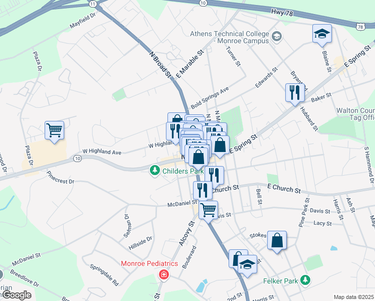 map of restaurants, bars, coffee shops, grocery stores, and more near 118 North Wayne Street in Monroe