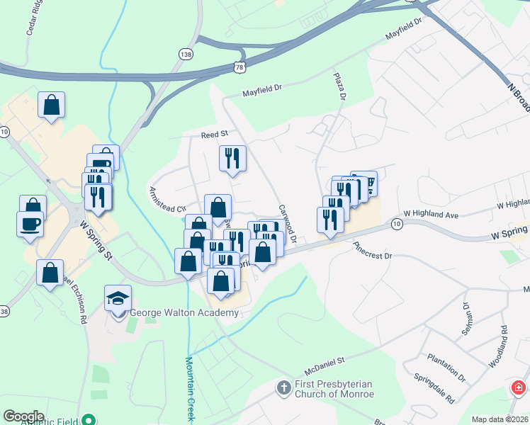 map of restaurants, bars, coffee shops, grocery stores, and more near 201 Reed Way in Monroe