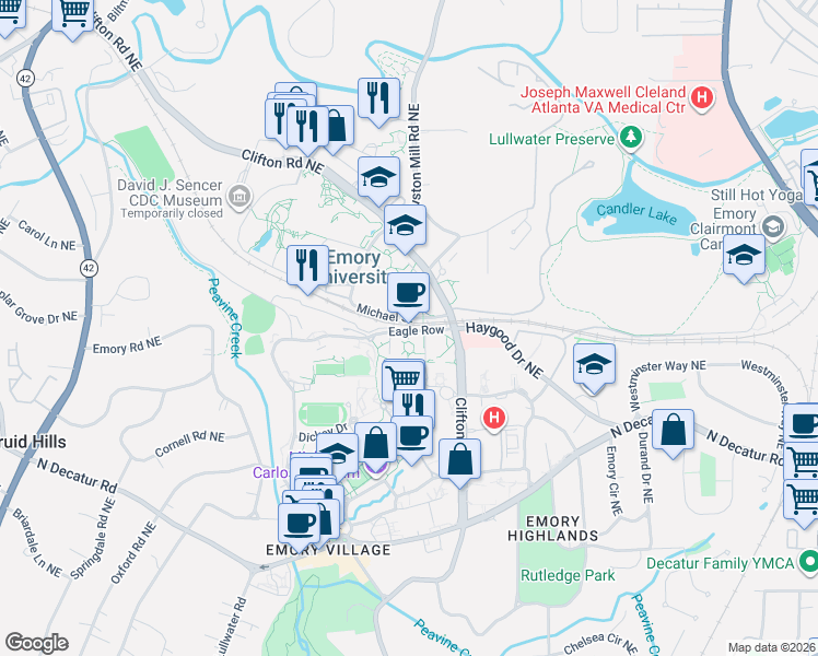 map of restaurants, bars, coffee shops, grocery stores, and more near Means Drive in Atlanta