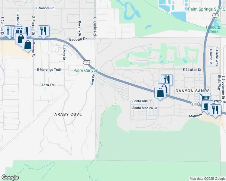 map of restaurants, bars, coffee shops, grocery stores, and more near 2020 Southridge Drive in Palm Springs
