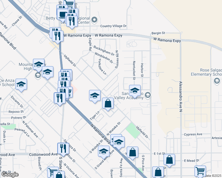 map of restaurants, bars, coffee shops, grocery stores, and more near 658 Laxford Road in San Jacinto