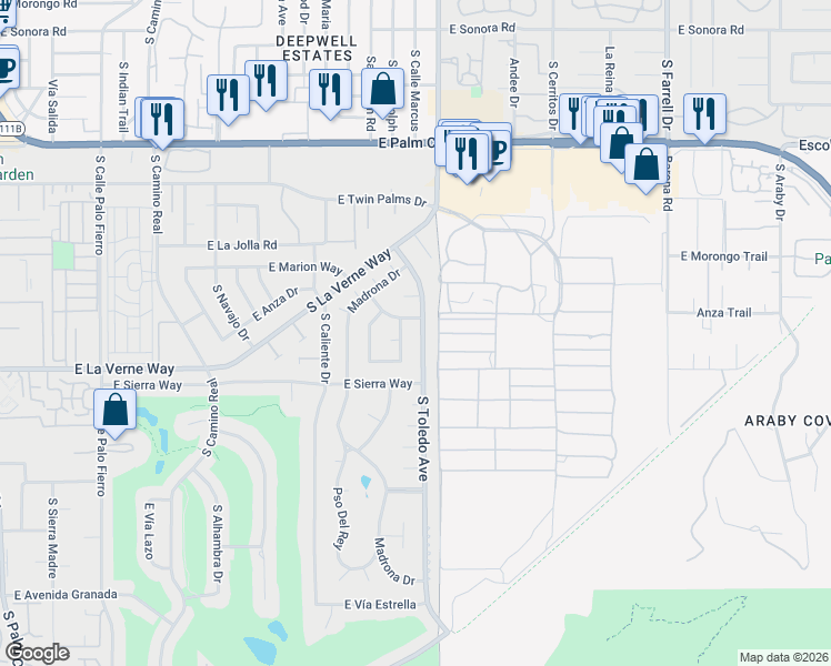 map of restaurants, bars, coffee shops, grocery stores, and more near 2027 South Toledo Avenue in Palm Springs