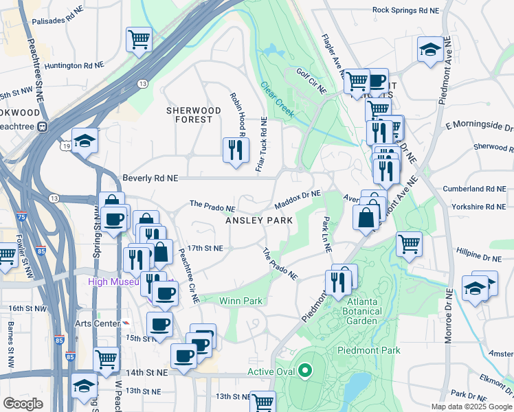map of restaurants, bars, coffee shops, grocery stores, and more near 2 Ansley Drive Northeast in Atlanta