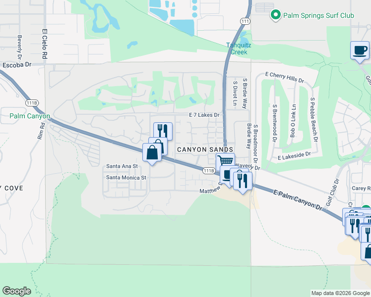 map of restaurants, bars, coffee shops, grocery stores, and more near 2480 South Linden Way in Palm Springs