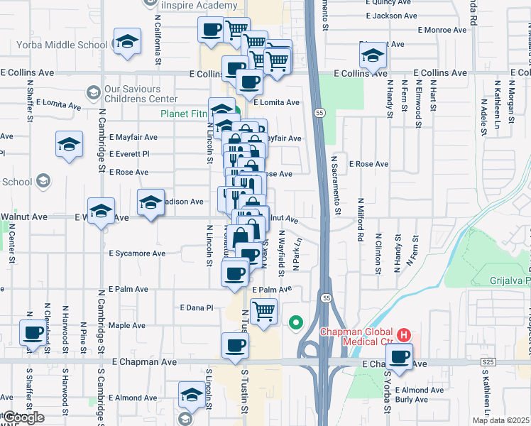 map of restaurants, bars, coffee shops, grocery stores, and more near 489 North Oak Street in Orange