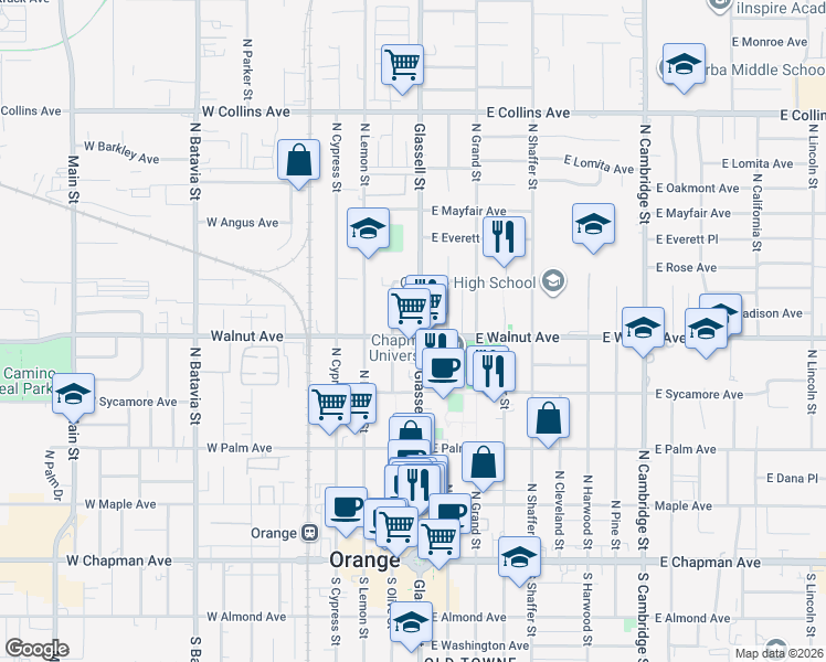 map of restaurants, bars, coffee shops, grocery stores, and more near 480 North Glassell Street in Orange