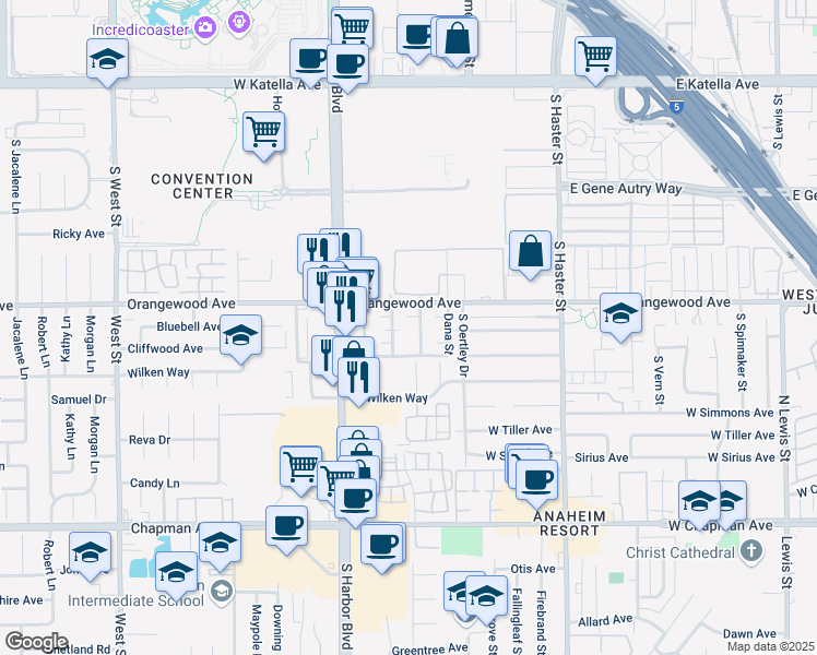 map of restaurants, bars, coffee shops, grocery stores, and more near 2131 South Camino Street in Anaheim
