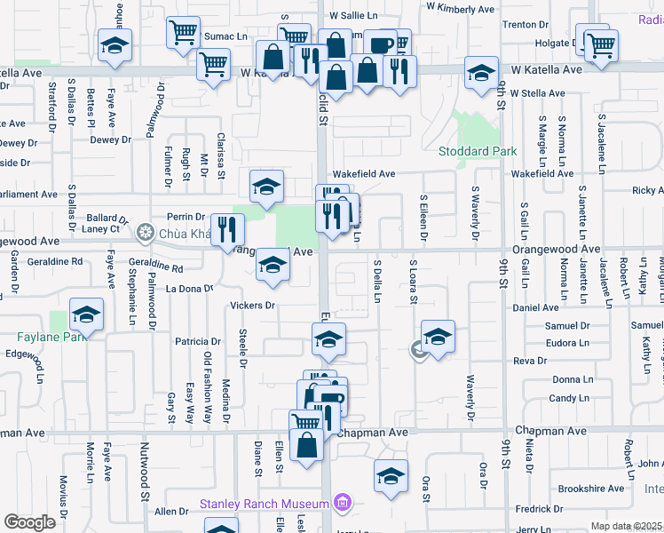 map of restaurants, bars, coffee shops, grocery stores, and more near 2111 South Cindy Place in Anaheim
