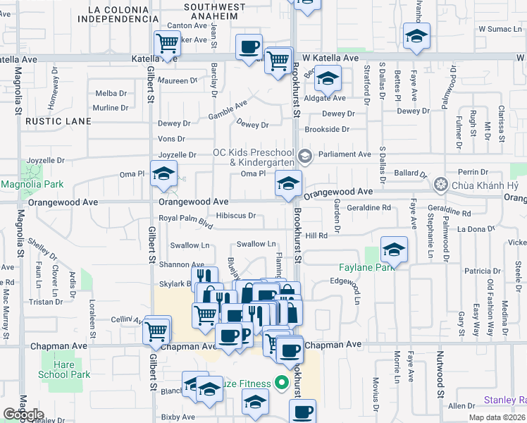 map of restaurants, bars, coffee shops, grocery stores, and more near 11551 Leonhardt Circle in Garden Grove