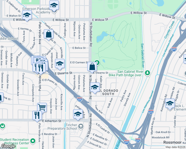 map of restaurants, bars, coffee shops, grocery stores, and more near 2143 North Studebaker Road in Long Beach