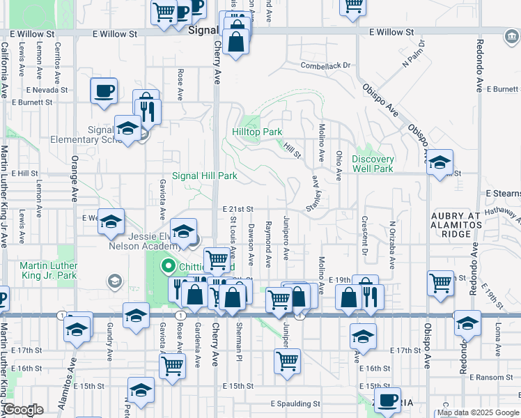 map of restaurants, bars, coffee shops, grocery stores, and more near 2088 Dawson Avenue in Signal Hill