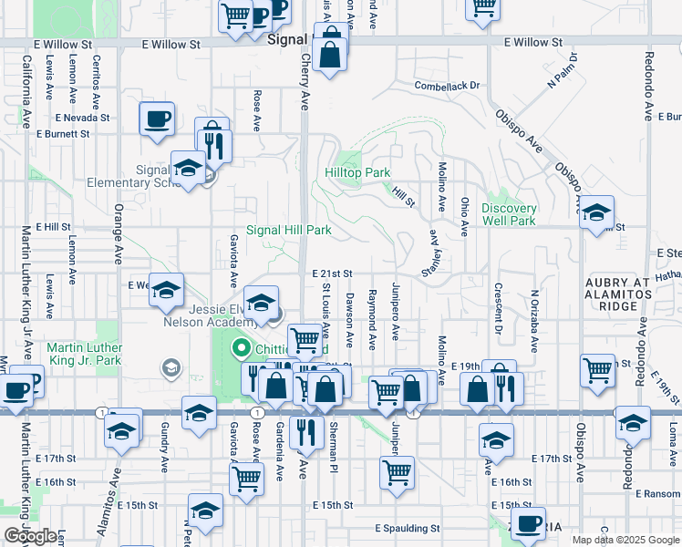 map of restaurants, bars, coffee shops, grocery stores, and more near 2088 Dawson Avenue in Signal Hill
