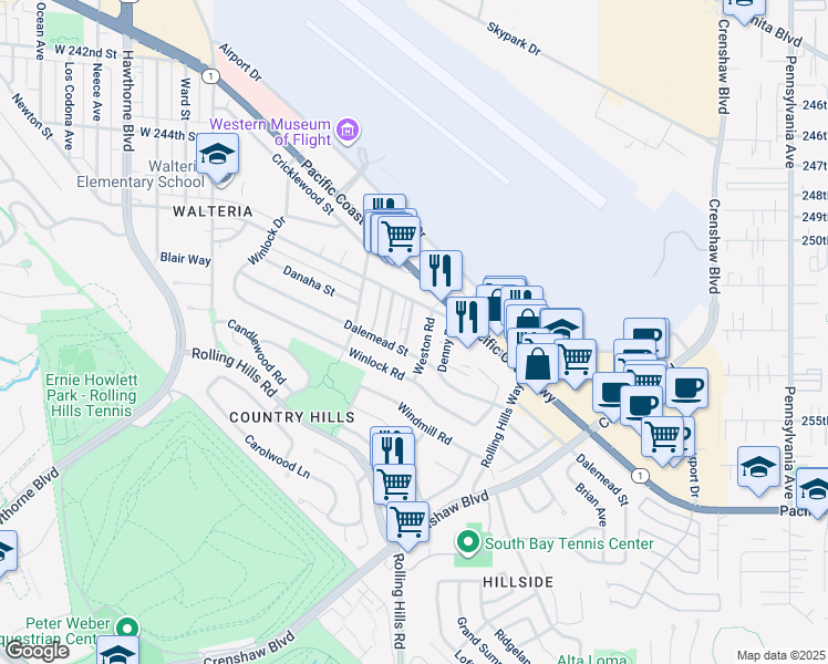 map of restaurants, bars, coffee shops, grocery stores, and more near 25226 Weston Road in Torrance