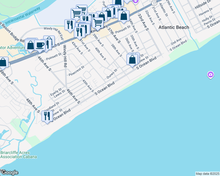 map of restaurants, bars, coffee shops, grocery stores, and more near 4303 South Ocean Boulevard in North Myrtle Beach