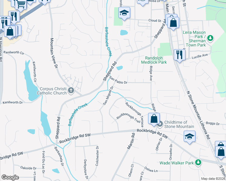 map of restaurants, bars, coffee shops, grocery stores, and more near 719 San Miguel Drive in Stone Mountain