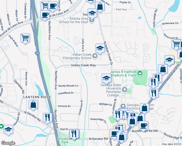 map of restaurants, bars, coffee shops, grocery stores, and more near 414 Ridge Creek Drive in Clarkston