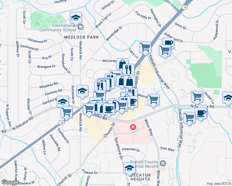 map of restaurants, bars, coffee shops, grocery stores, and more near 1642 Church Street in Decatur