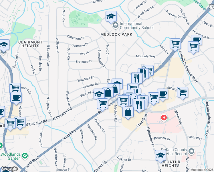 map of restaurants, bars, coffee shops, grocery stores, and more near 2393 Eastway Road in Decatur