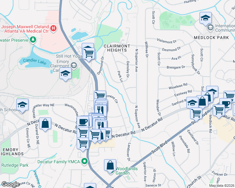 map of restaurants, bars, coffee shops, grocery stores, and more near 633 Clairmont Circle in Decatur