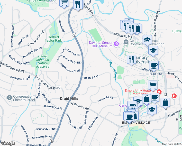 map of restaurants, bars, coffee shops, grocery stores, and more near 1356 Emory Road Northeast in Atlanta