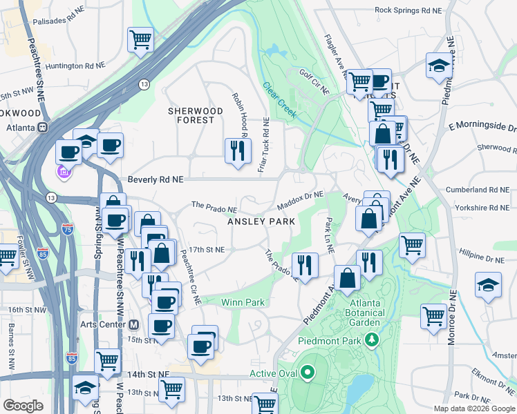 map of restaurants, bars, coffee shops, grocery stores, and more near 2 Ansley Drive Northeast in Atlanta